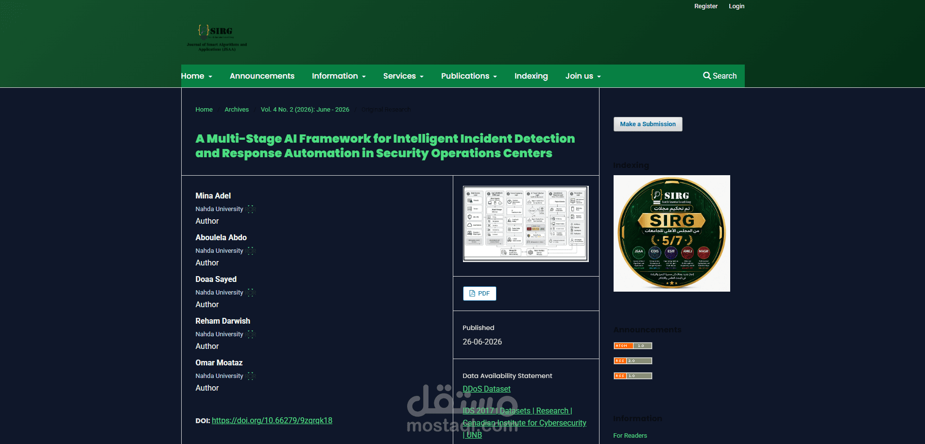 بحث علمي بعنوان إطار ذكاء اصطناعي متعدد المراحل لاكتشاف الحوادث الأمنية وأتمتة الاستجابة في مراكز العمليات الأمنية (SOC)