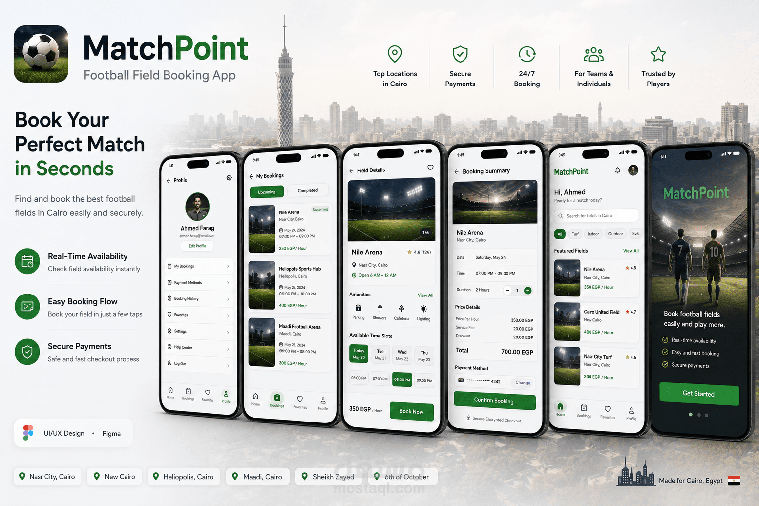 MatchPoint هو مشروع تصميم UI/UX لتطبيق موبايل يهدف إلى تسهيل حجز ملاعب كرة القدم