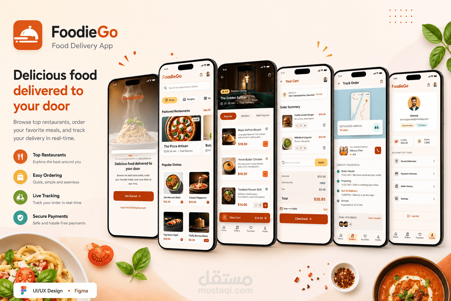 FoodieGo هو مشروع تصميم UI/UX لتطبيق موبايل متخصص في طلب وتوصيل الطعام.