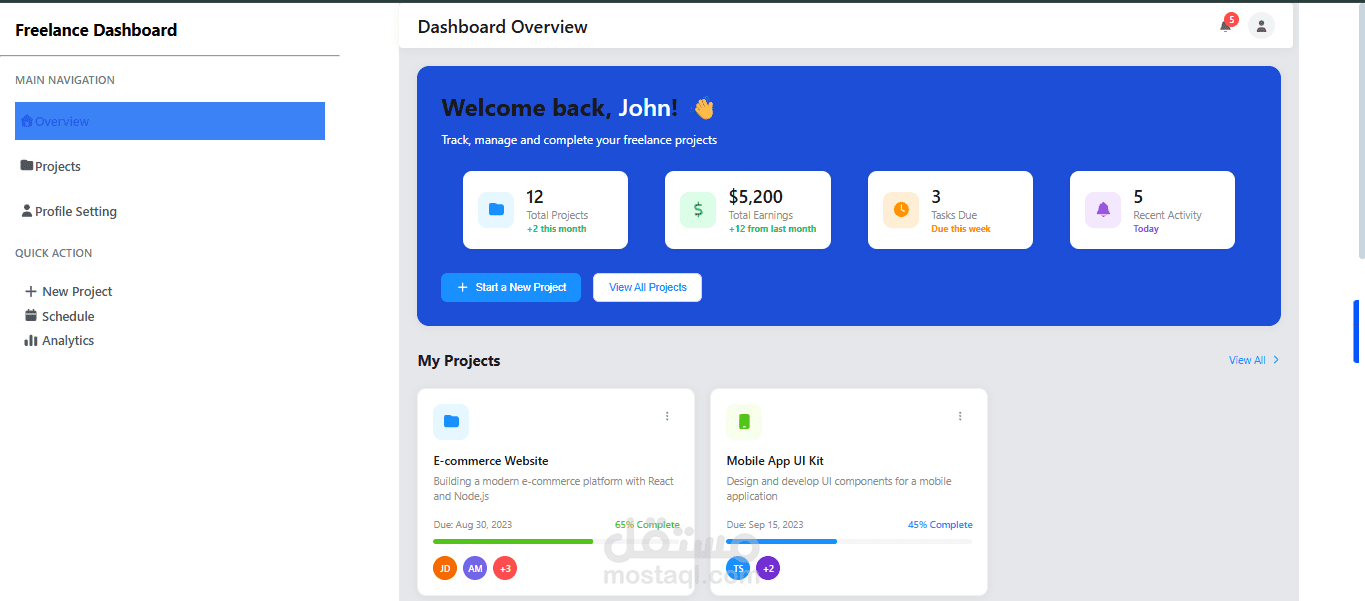 لوحة تحكم تفاعلية لإدارة أعمال المستقلين (Freelance Dashboard App)