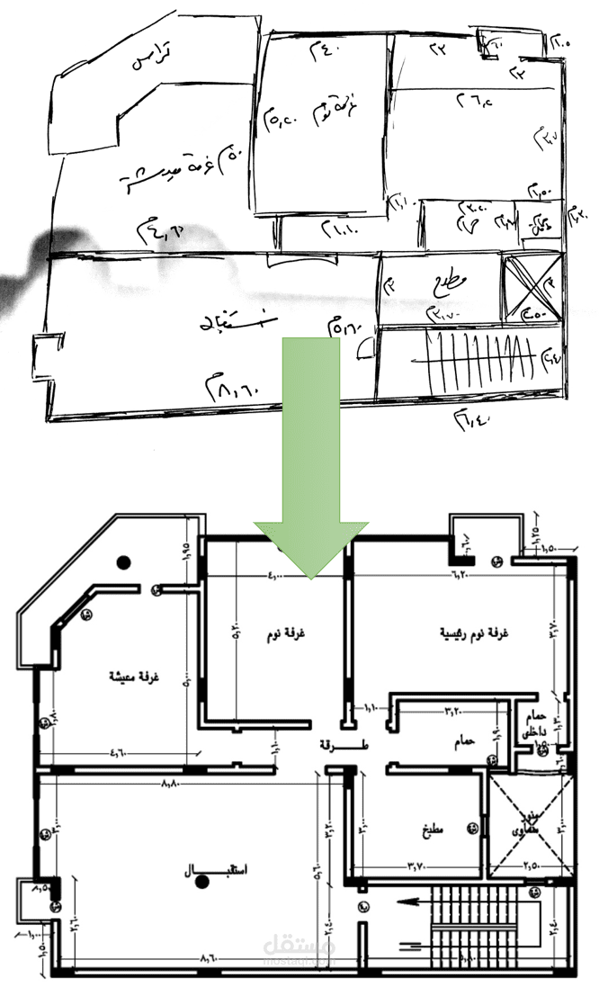 تحويل رسم منزل 3 ادوار من كيروكي الي رسم هندسي شامل لجميع الادوار