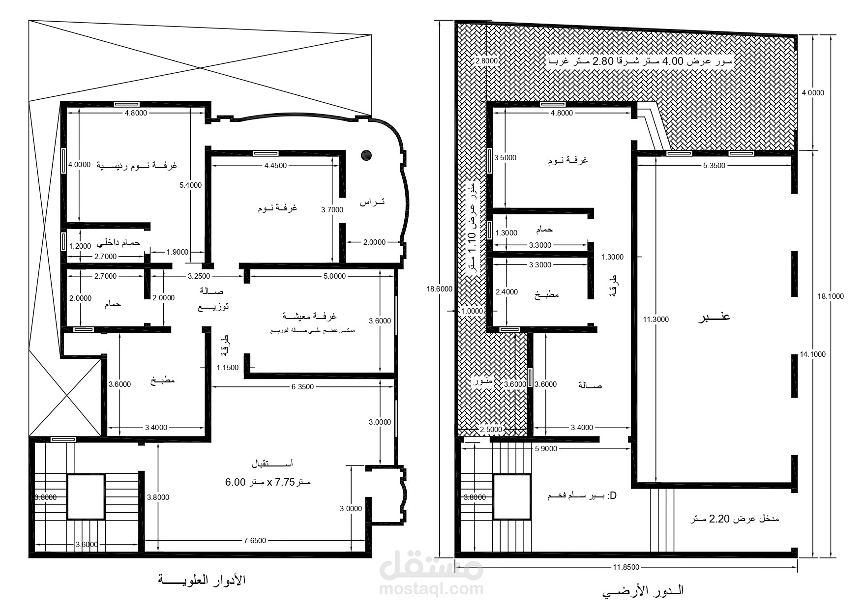 رسم منزل دور ارضي تجاري و حديقة و دور علوي سكني