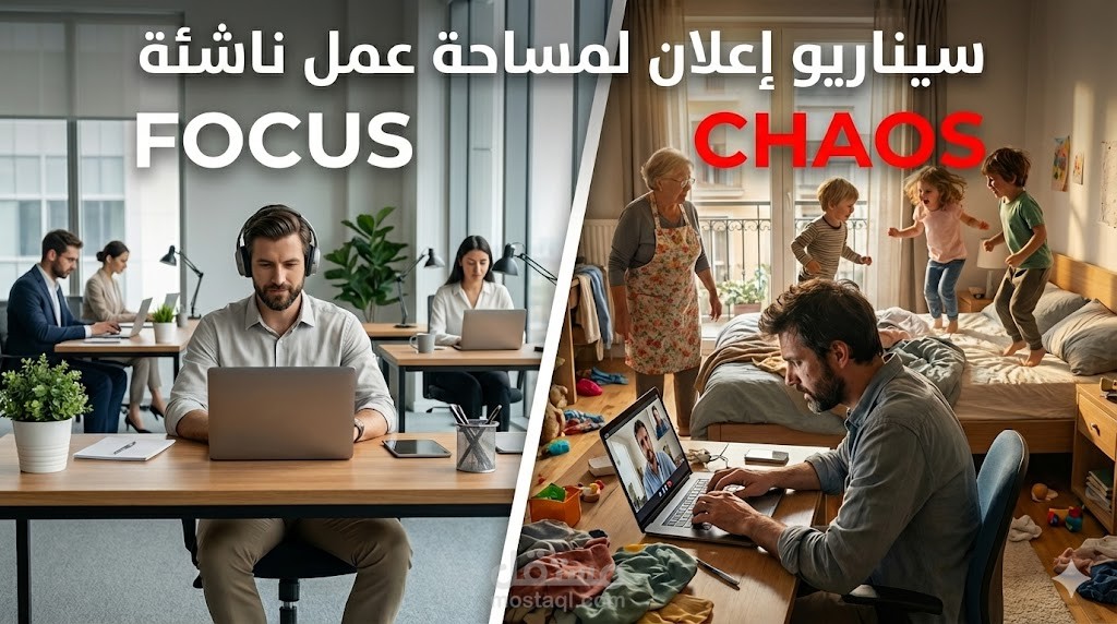 سيناريو إعلاني قصصي لمساحة عمل مشتركة (Free-Space): من فوضى العمل من المنزل إلى بيئة إنتاجية