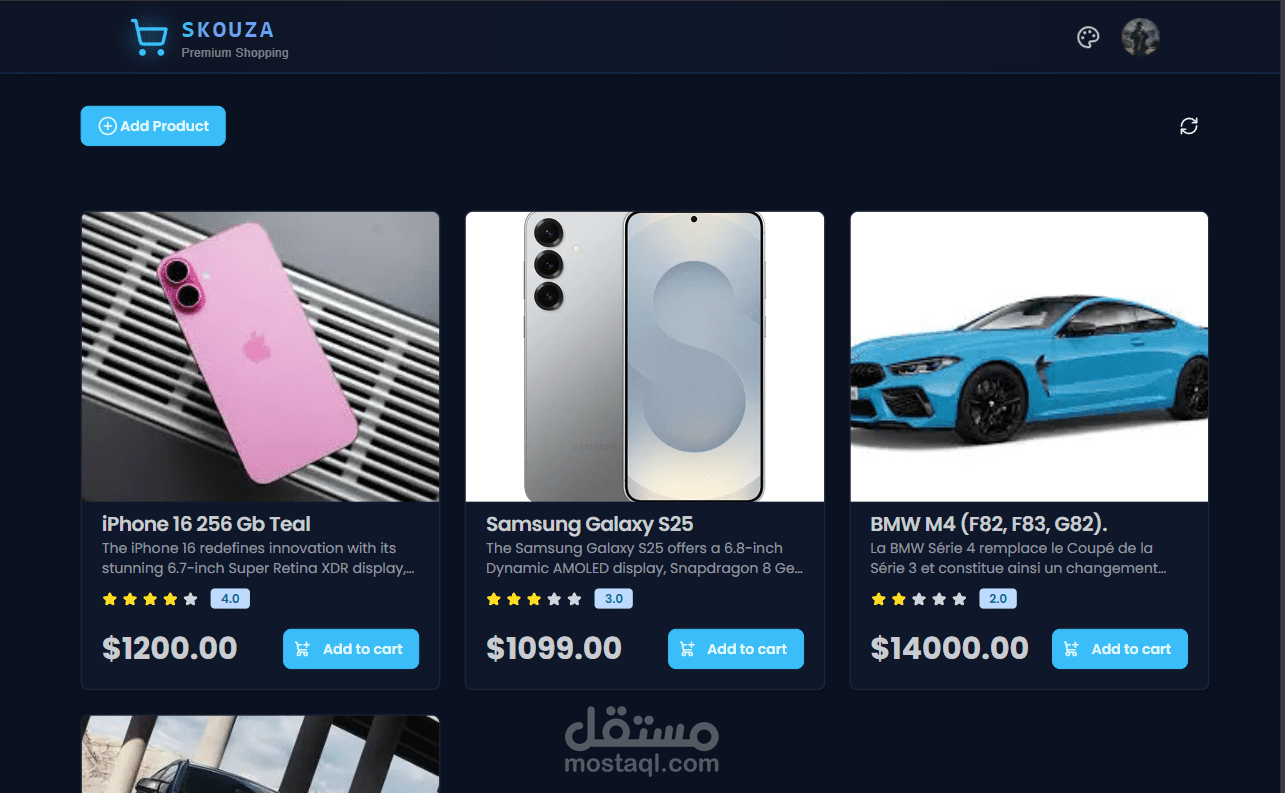موقع تجارة إلكترونية عصري تم بناؤه باستخدام Next.js، يتميز بواجهة مستخدم جميلة وتصميم متجاوب.