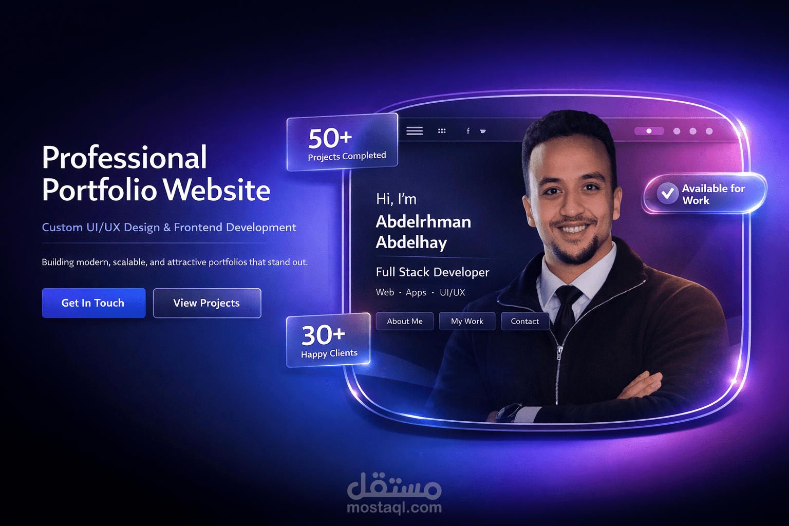 تصميم موقع بورتفوليو احترافي متحرك بألوان عصرية وتأثيرات بصرية مبهرة