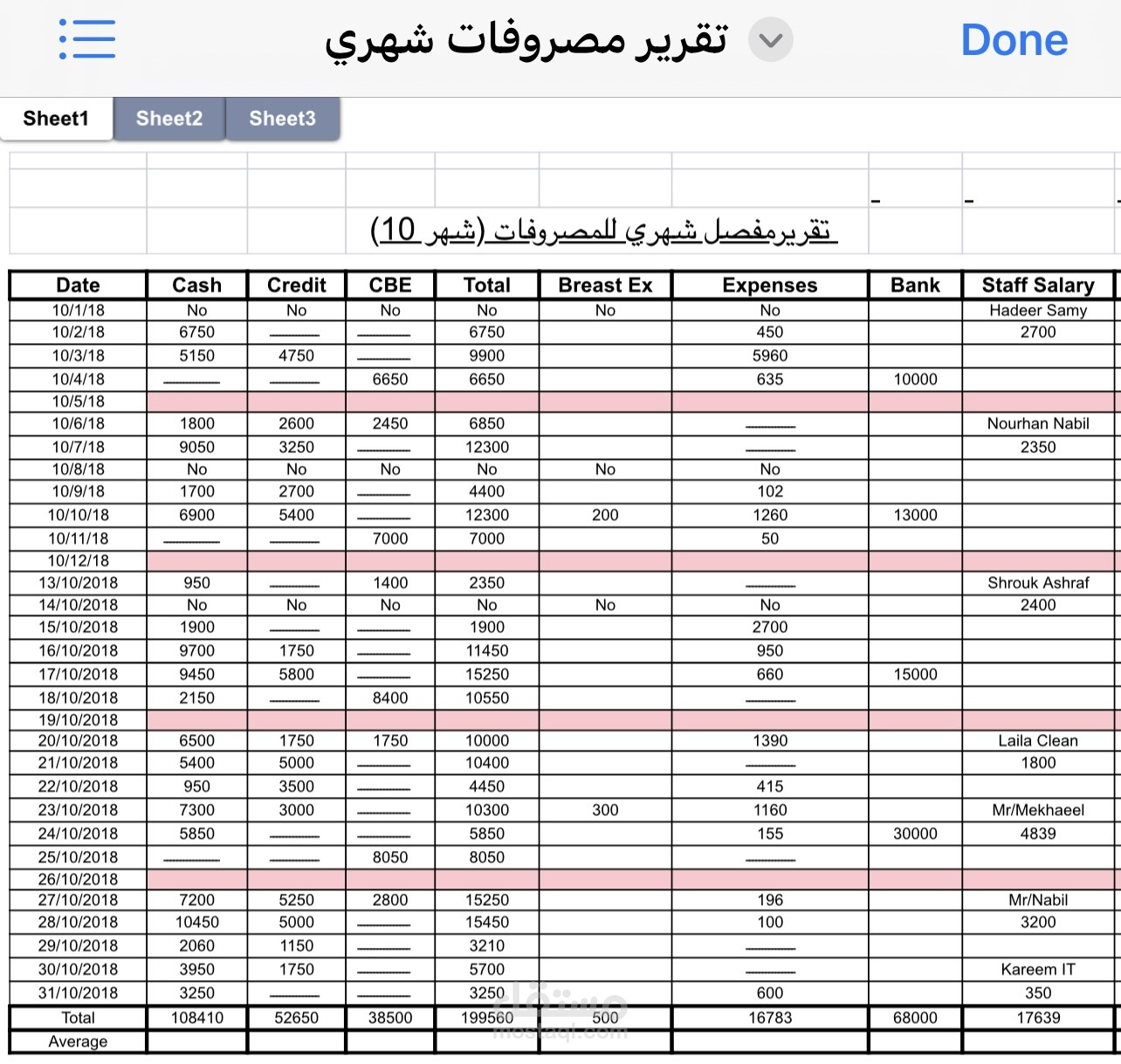 تقرير مصروفات شهري