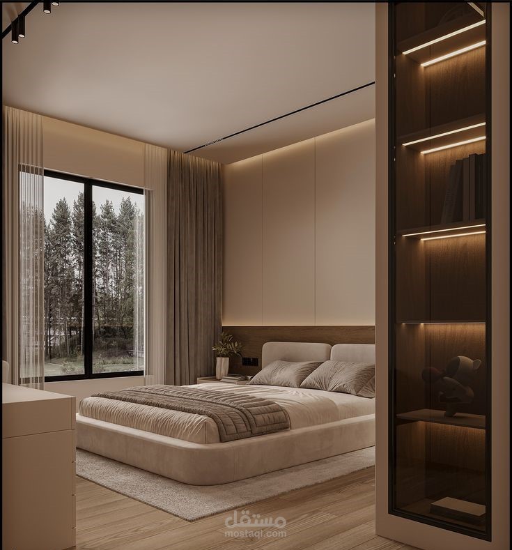 تصميم غرفة نوم مودرن + 3D واقعي مريح يوفر راحة وهدوء