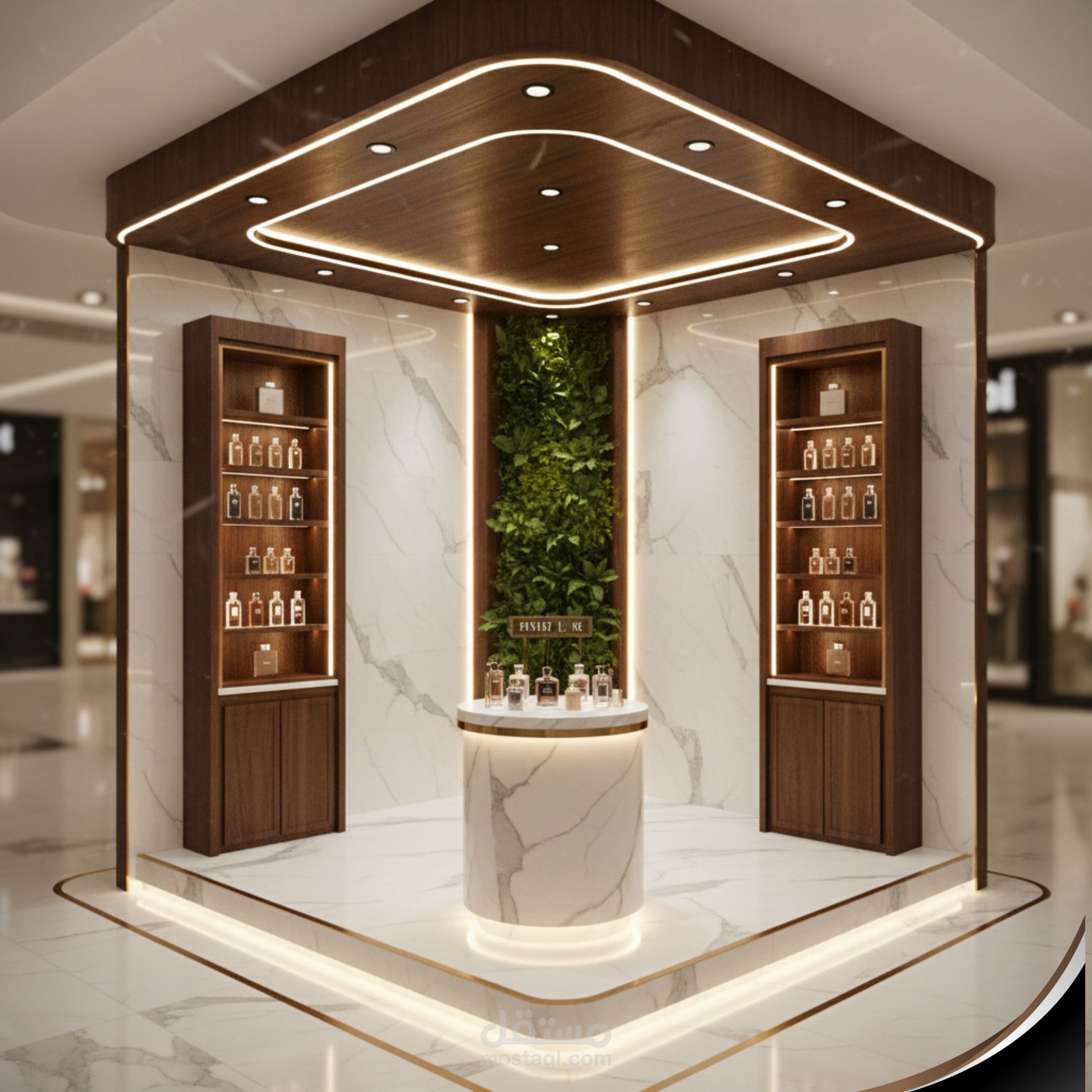 تصميم ركن عرض تجاري (Retail Stand) لقطاع العطور الفاخرة