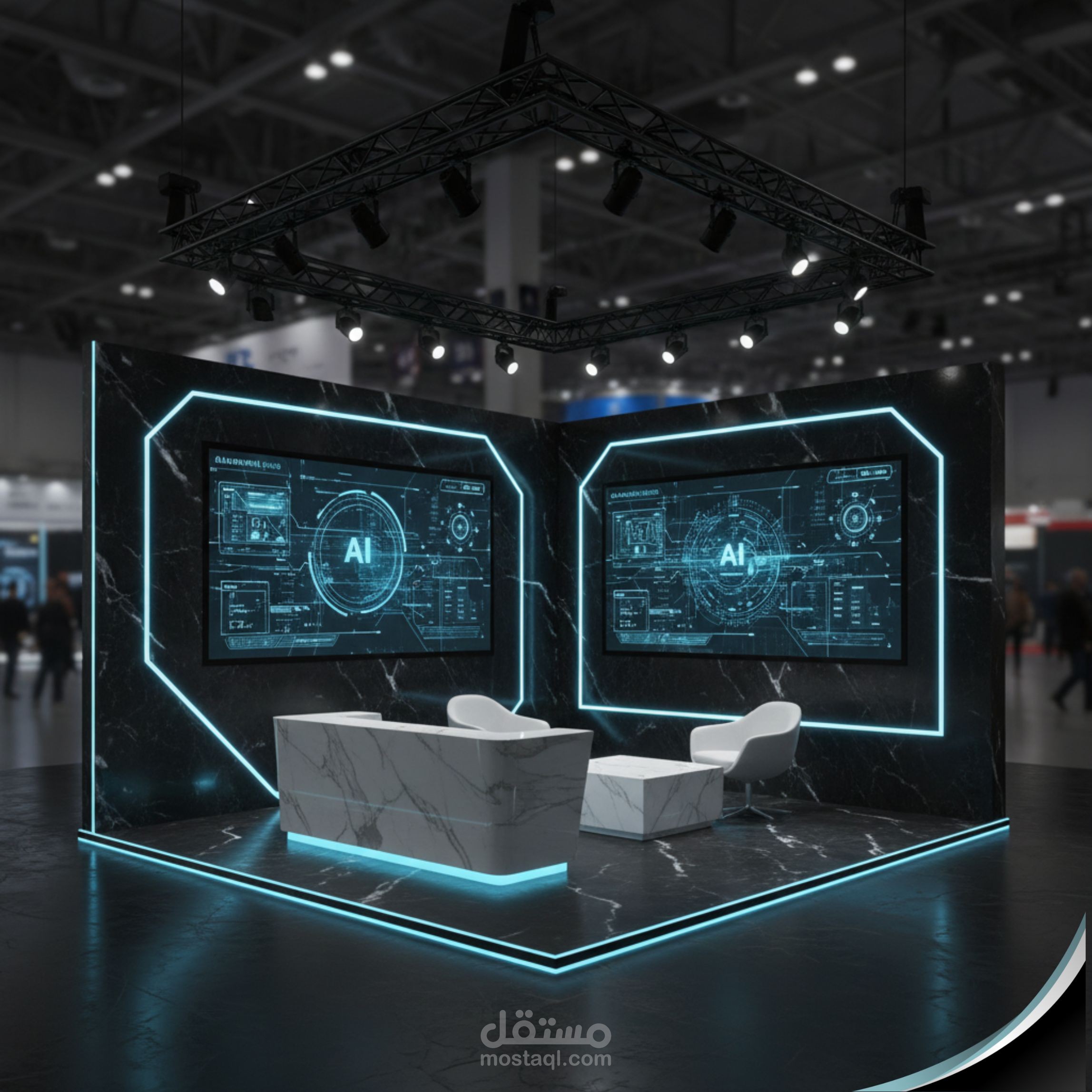 تصميم أجنحة عرض مستقبلية (High-Tech Stands) لشركات الابتكار