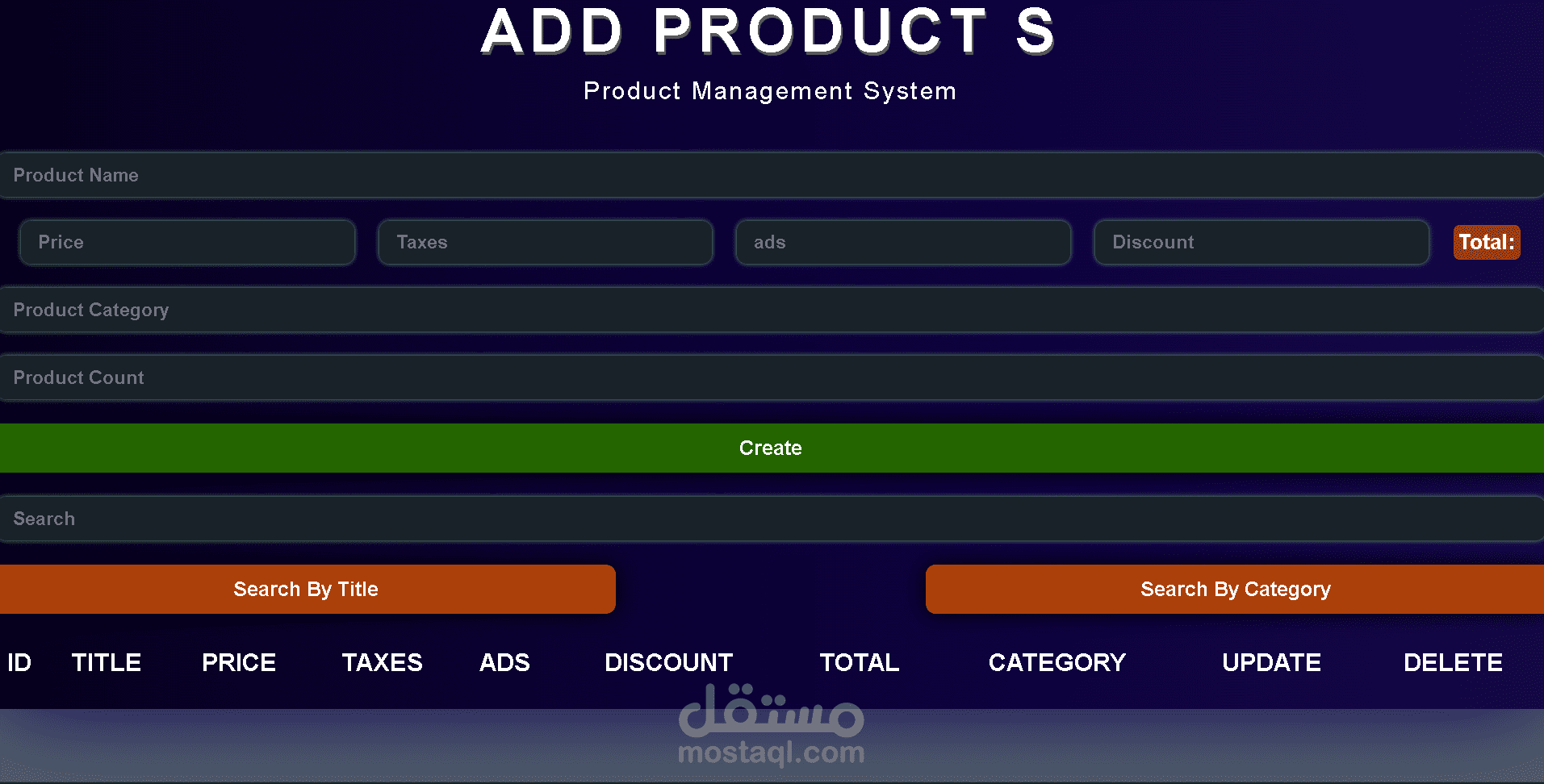 تطوير نظام لإدارة المنتجات باستخدام HTML و CSS و JavaScript لعرض وإضافة وتعديل وحذف المنتجات بطريقة سهلة ومنظمة.