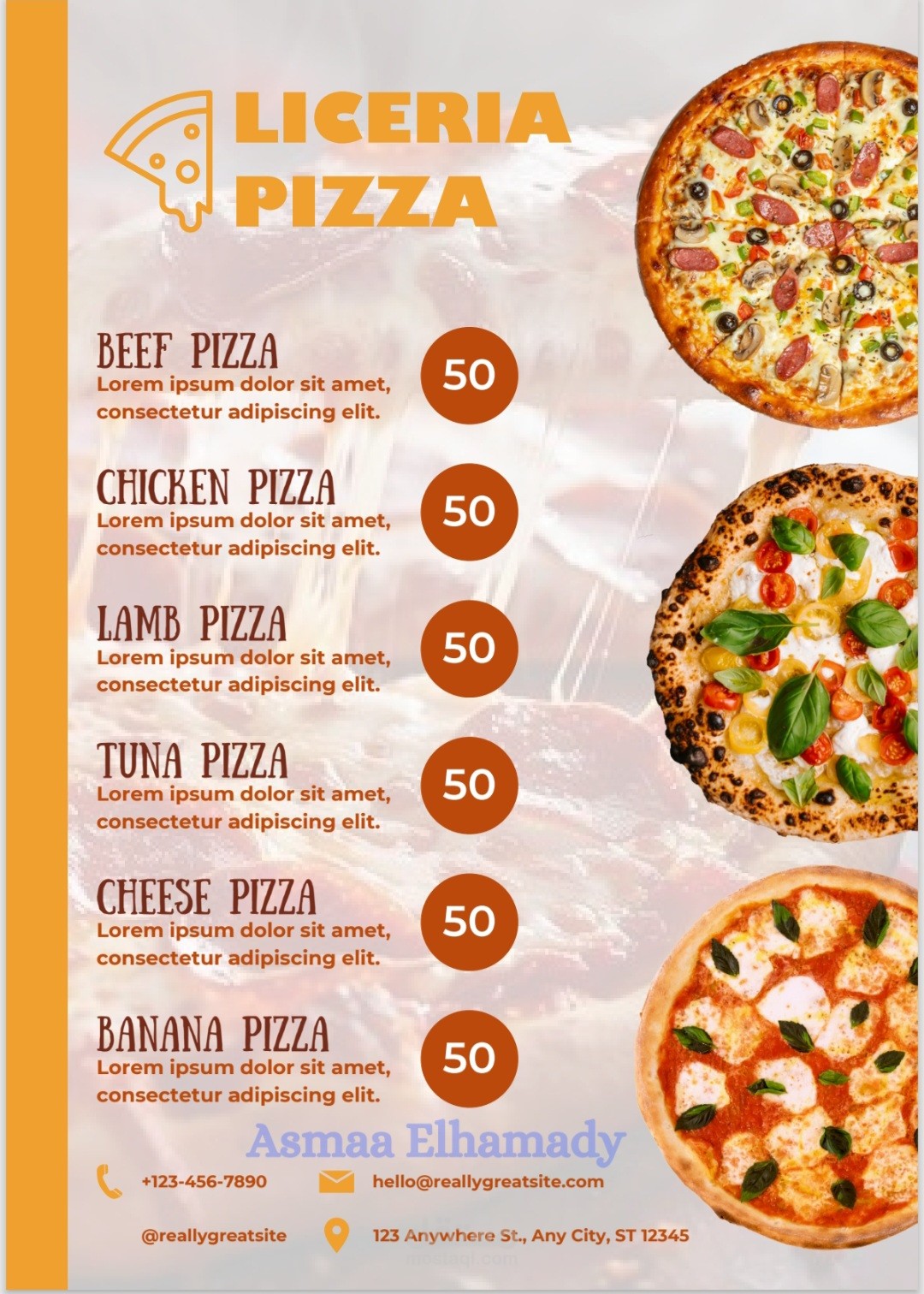 Sample restaurant menu