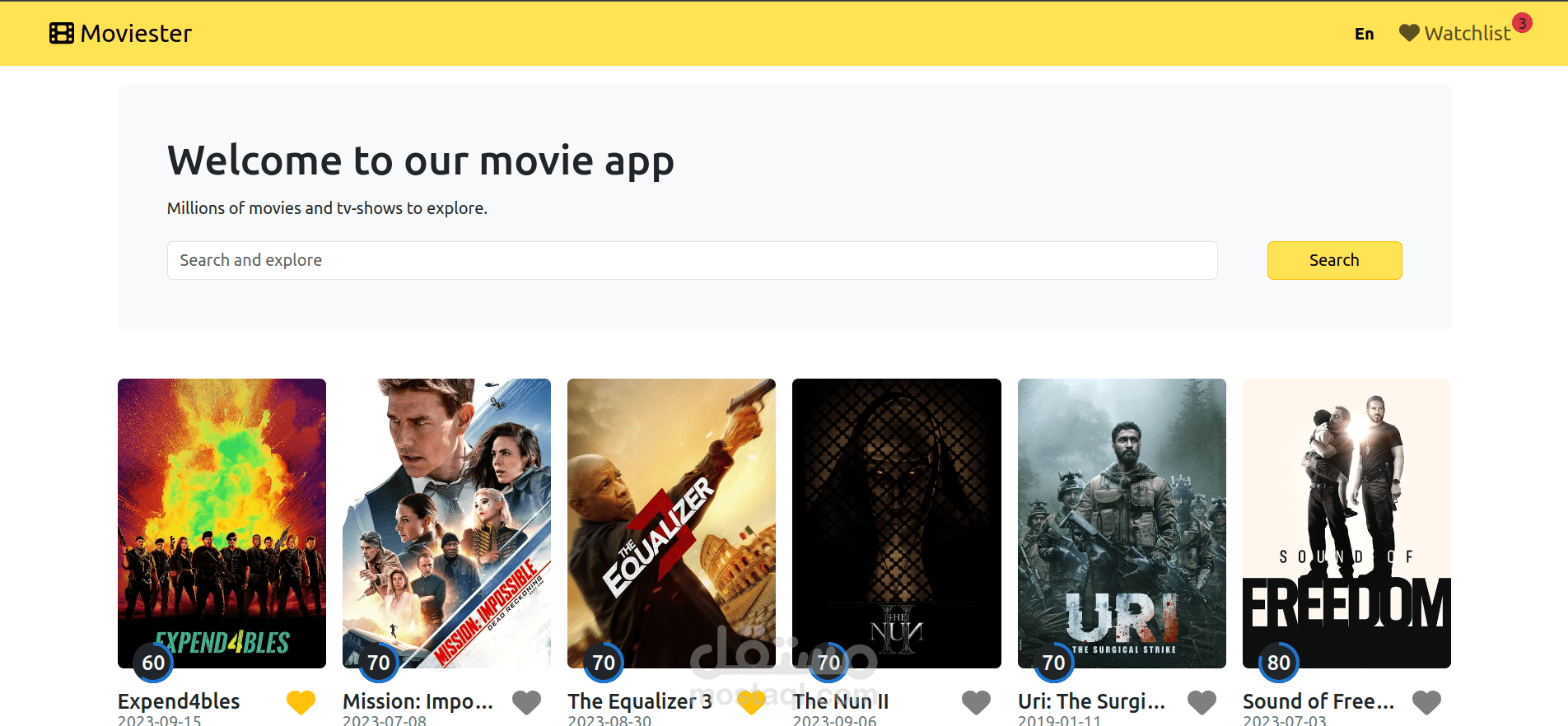 موقع لتفضيلات الأفلام، مطور بواسطة React.js