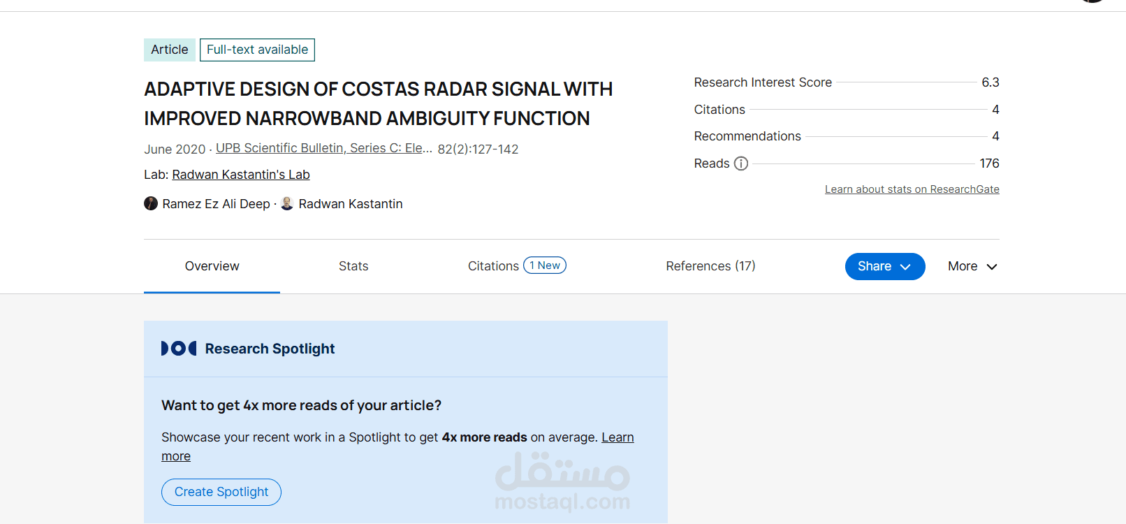 مقالة علمية منشورة في مجلة scientificbulletin upb الرومانية المتخصصة تتضمن التطوير الأولي لاشارة كوستاس بنسختها الأولى المُعدَّلة.