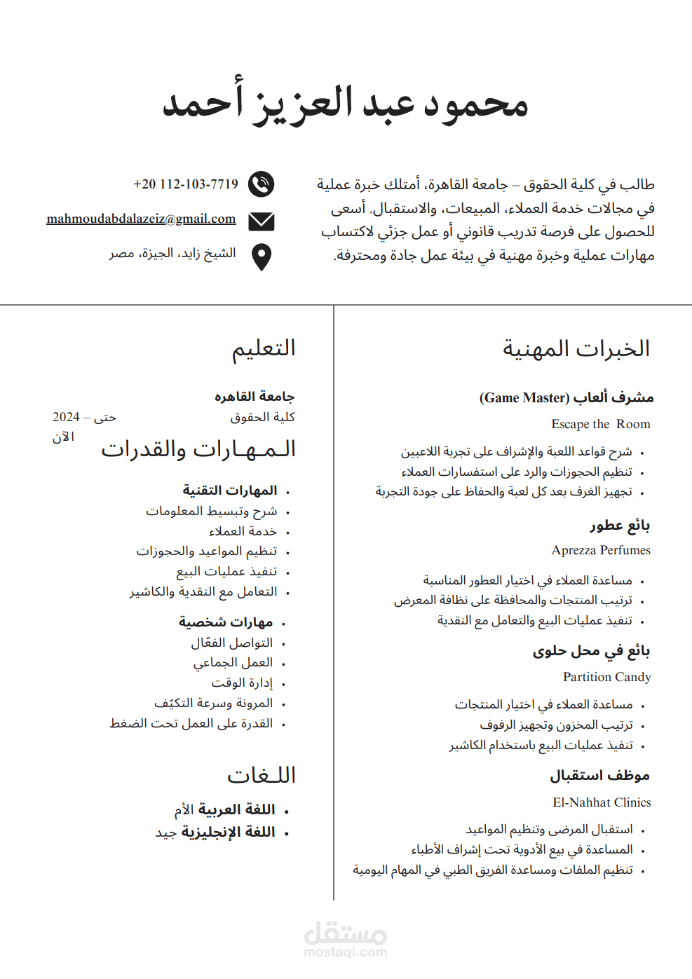 تصميم سيرة ذاتية لطالب جامعي