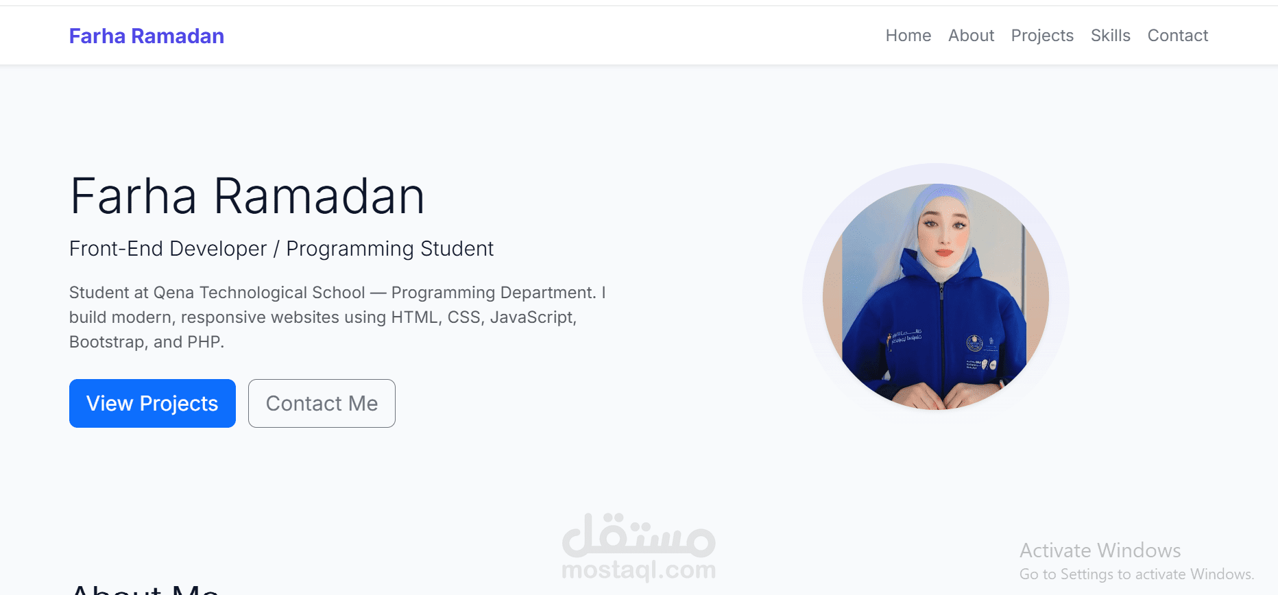 موقع معرض أعمال شخصي (Portfolio) لمطورة واجهات أمامية