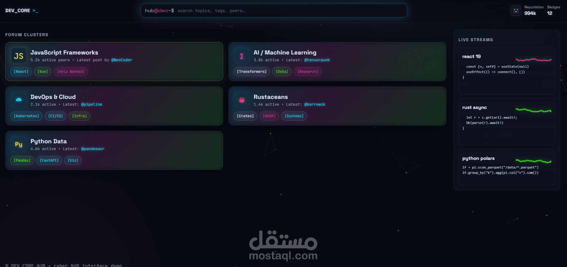 تصميم واجهة وتجربة مستخدم لمنصة المبرمجين "DEV_CORE HUB"