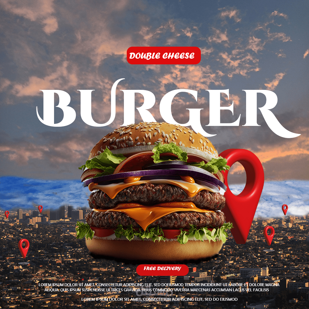 تصميم إعلان طعام مبتكر ومؤثر (Giant Burger) لحملات التسويق الرقمي