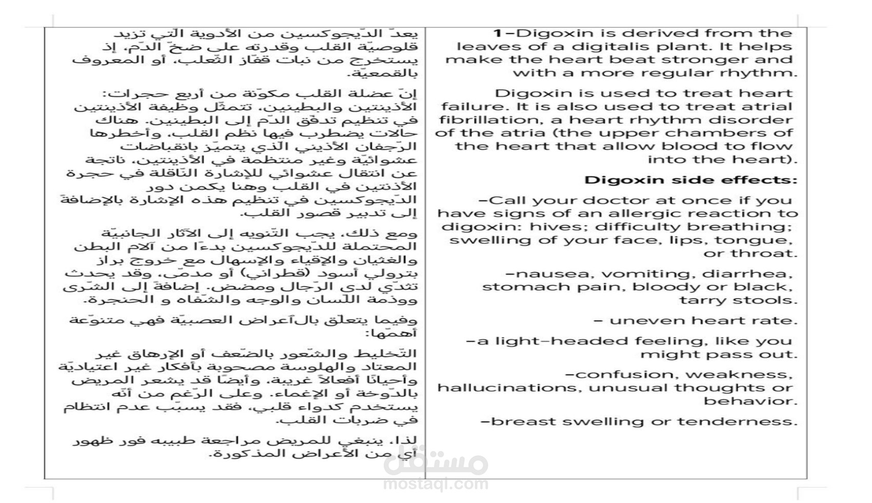 ترجمة مقالة علميّة عن الدّيجوكسين وآثاره الجانبيّة.