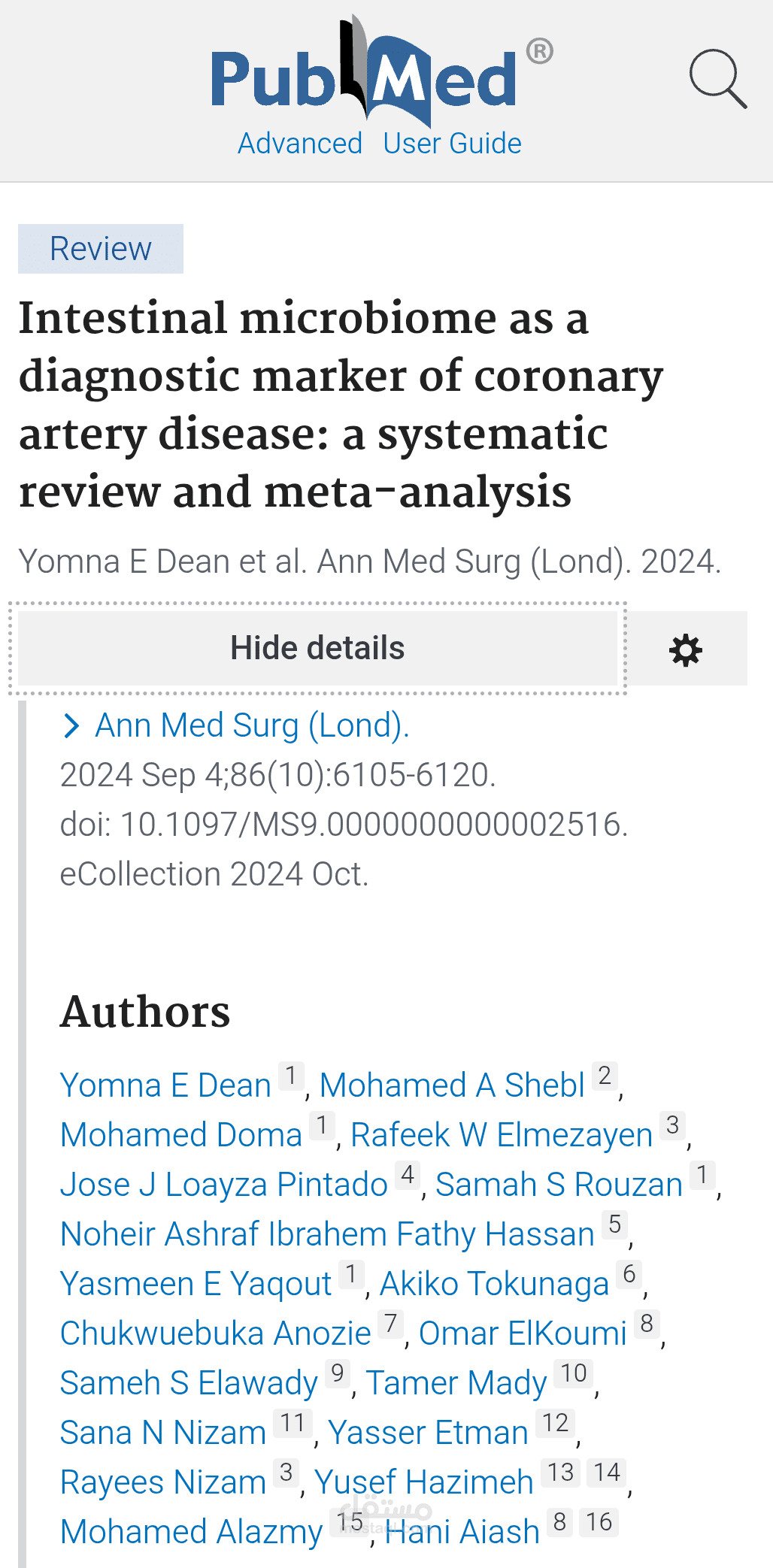 باحث و مؤلف مشارك في احد الابحاث الطبيه  “Intestinal microbiome as a diagnostic marker of coronary artery disease”