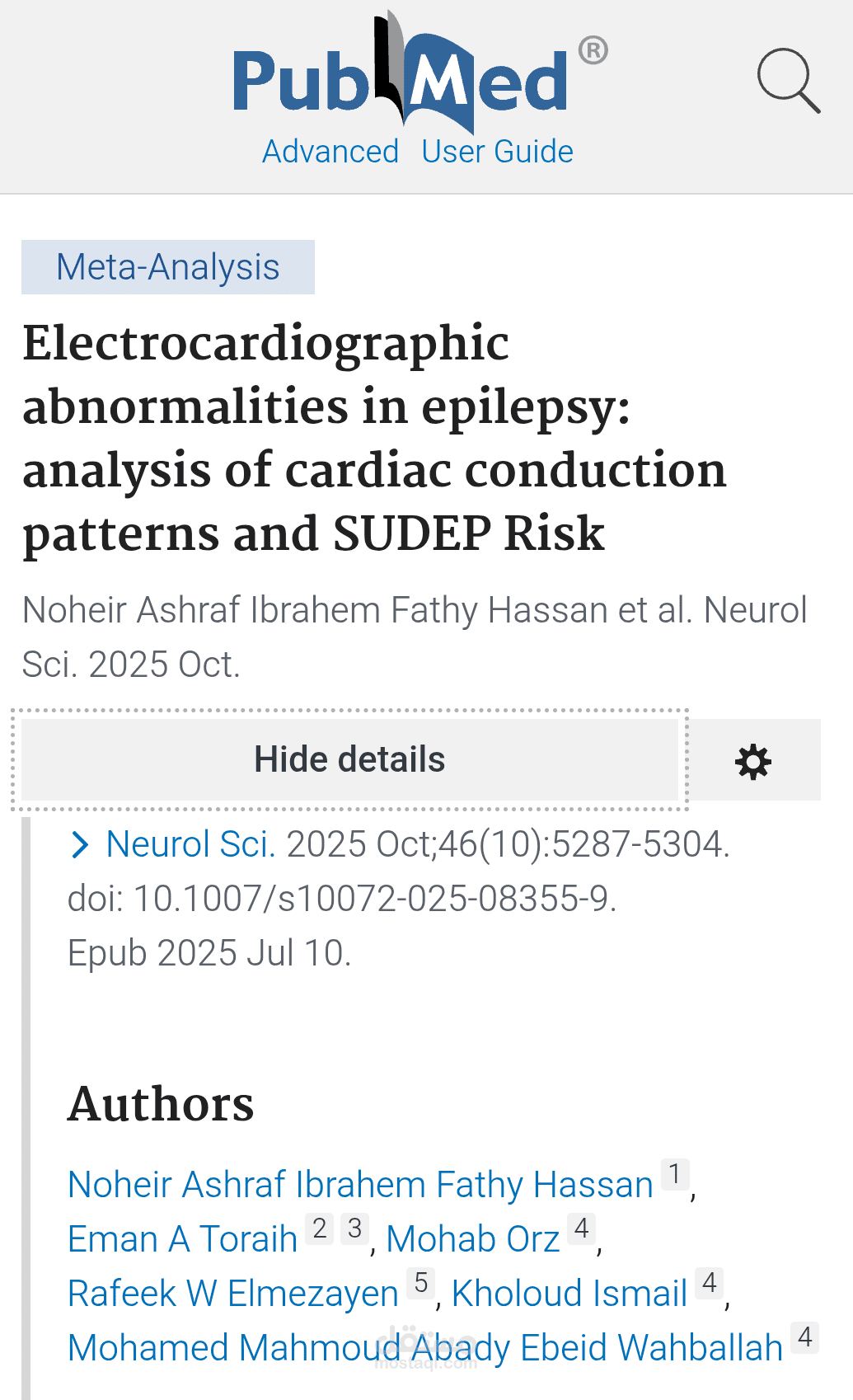 نشر ورقه بعنوان Electrocardiographic abnormalities in epilepsy: analysis of cardiac conduction patterns and SUDEP Risk