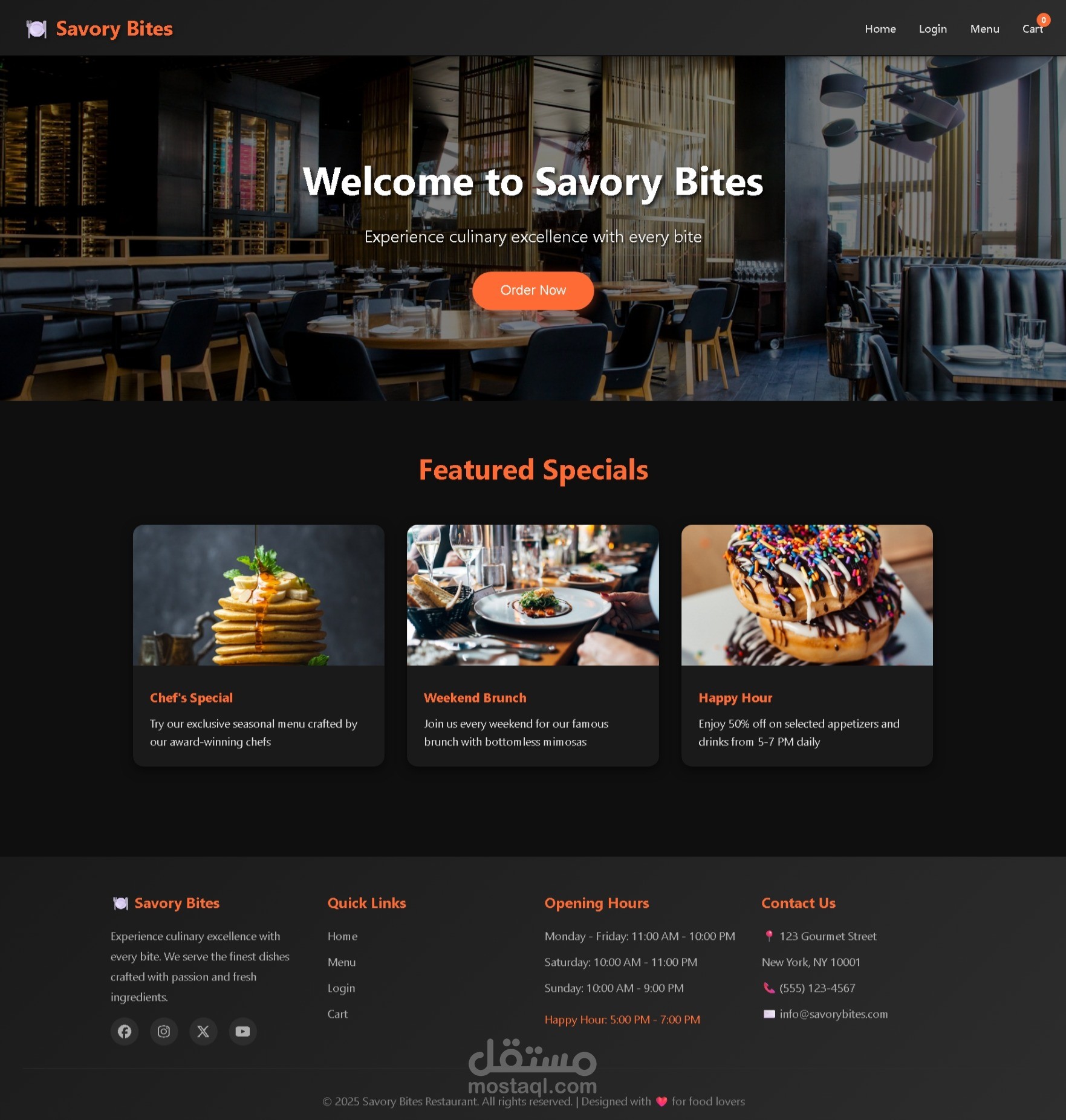 تصميم وتطوير موقع مطعم فاخر (Savory Bites) مع نظام طلب إلكتروني وتجربة مستخدم عصرية