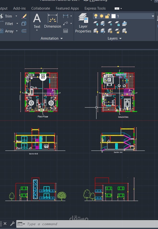 تصميم مخططات فيلا سكنية كاملة 2D + واجهات وقطاعات باستخدام AutoCAD