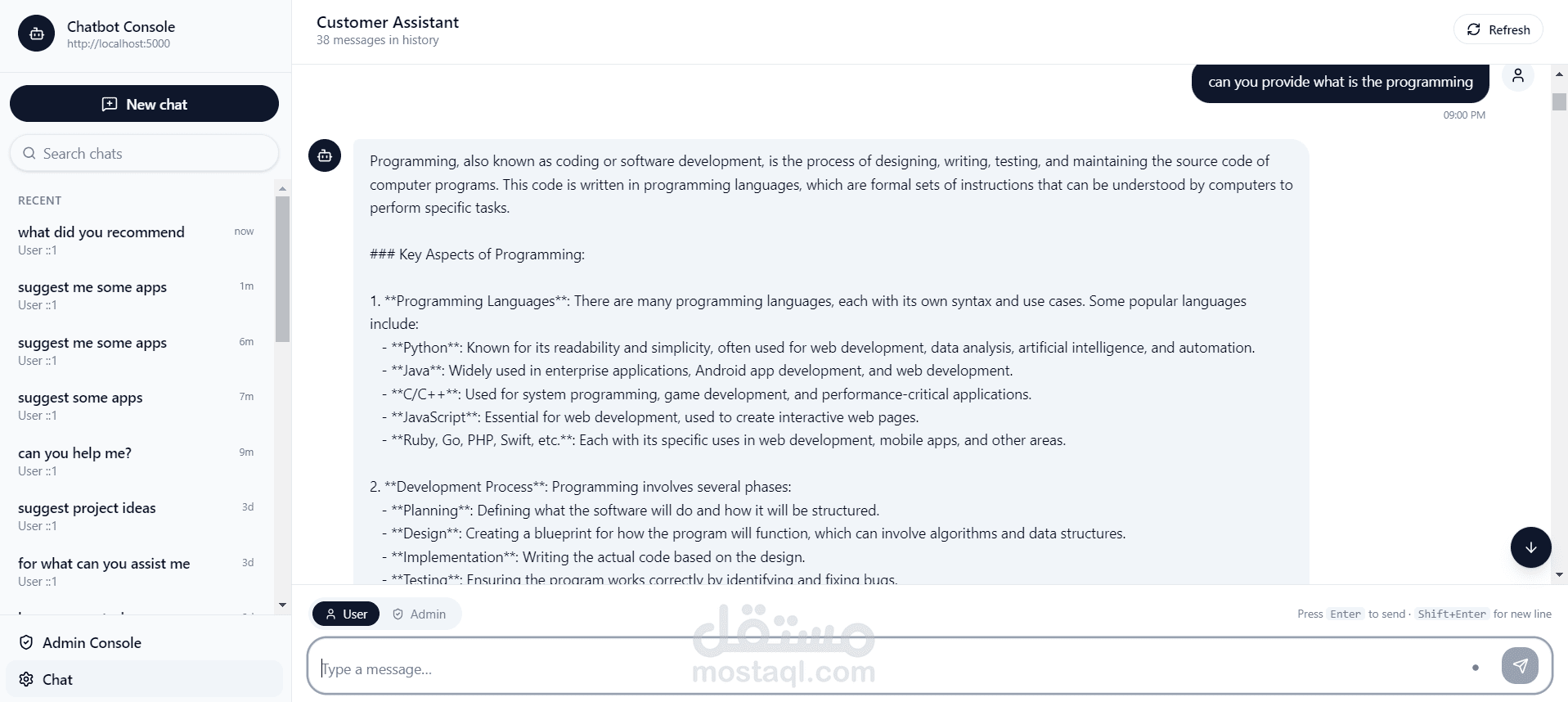 تطوير نظام Chatbot ذكي لإدارة المحادثات وتحليل التفاعلات باستخدام تقنيات Node.js وMongoDB