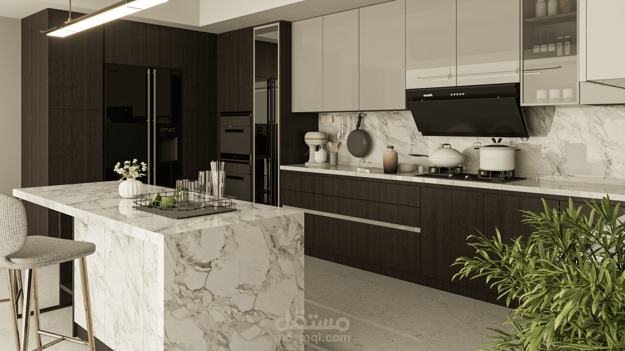 تصميم مطبخ عصري | ديكورات داخلية من الخشب الداكن والرخام