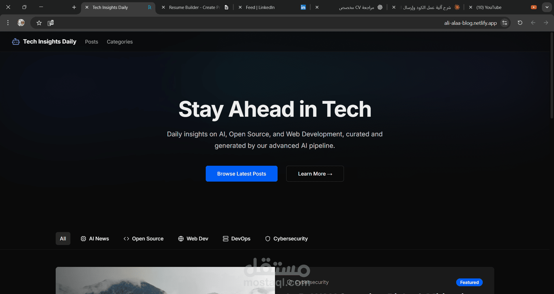 مشروع: منصة مقالات تقنية عالية الأداء (Next.js + AI Automation)