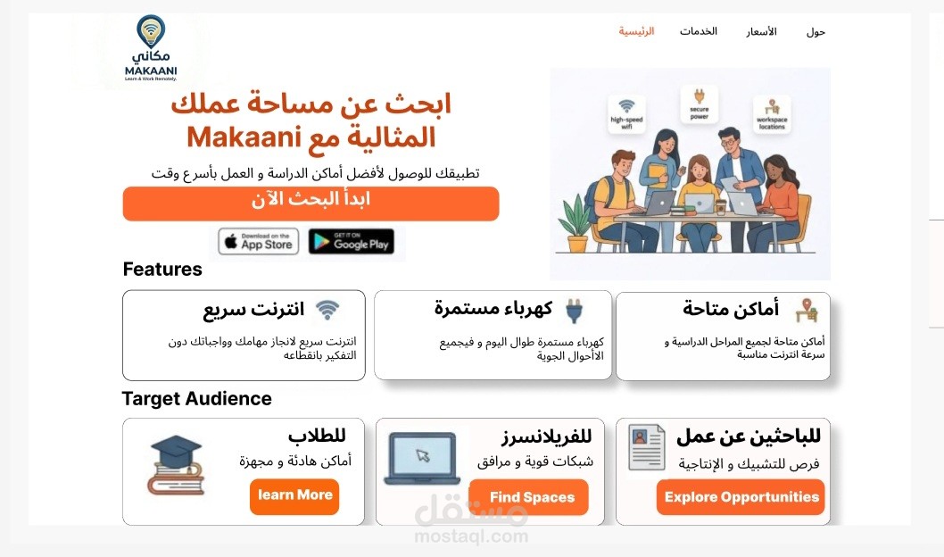 تصميم واجهة مستخدم (UI/UX) لتطبيق "مكاني Makaani" - منصة البحث عن مساحات العمل المشتركة