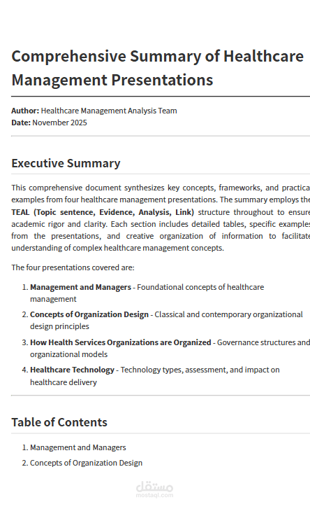 Comprehensive Summary of Healthcare Management Presentations