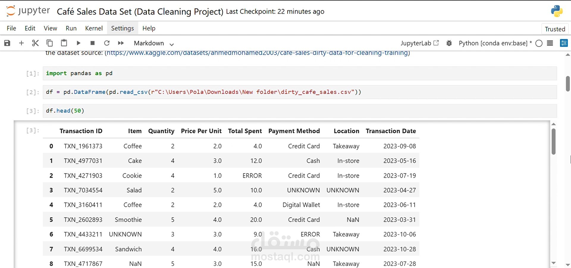 Café Sales Data Cleaning (Python & Pandas Project)