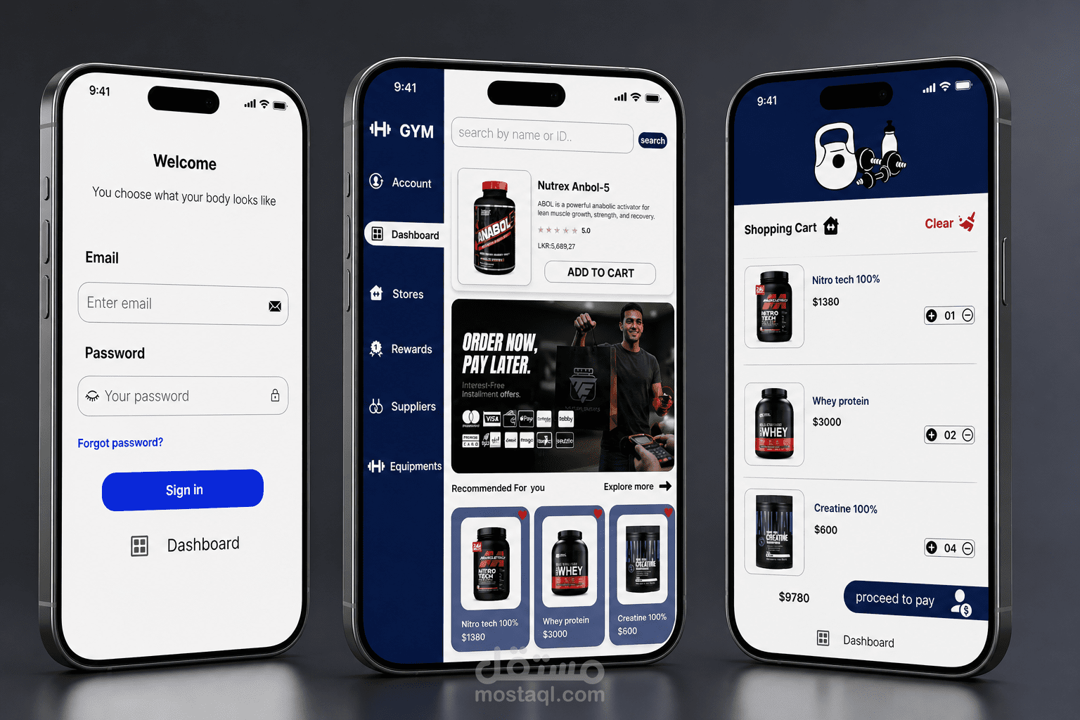 تصميم UI/UX لتطبيق متجر مكملات رياضية وجيم (Gym Supplements Mobile App)