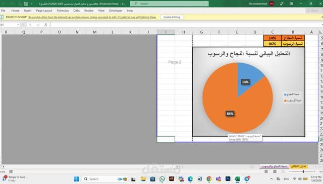 تحليل بياني لنسب النجاح والرسوب في الاختبارات باستخدام اكسل