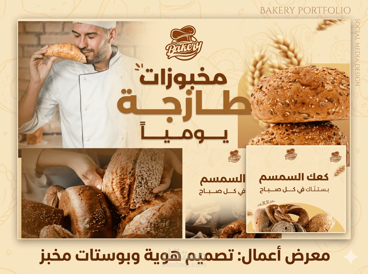 تصميم هوية بصرية وحملة إعلانية "سوشيال ميديا" لمخبز وعلامة تجارية للأغذية.