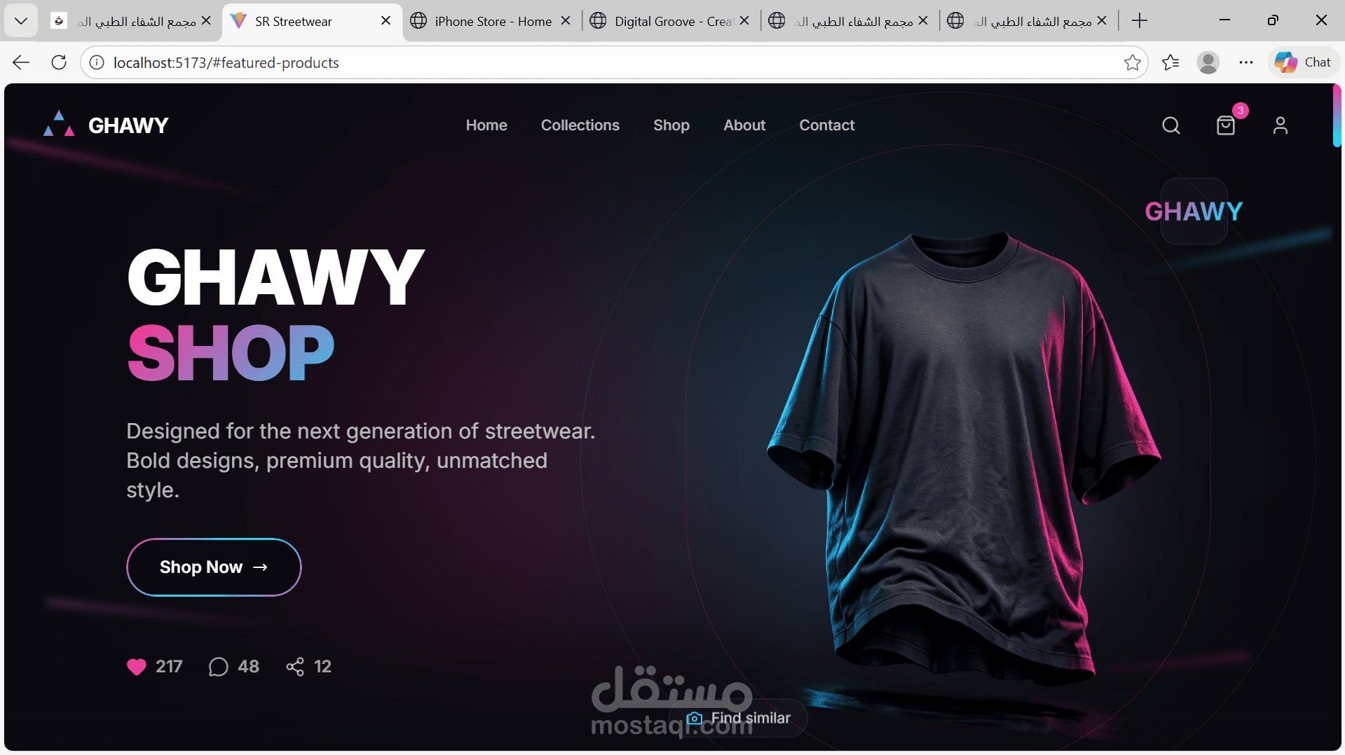 1.	تصميم واجهة مستخدم حديثة 	2.	موقع ملابس Responsive 	3.	استخدام React.js 	4.	كود منظم وقابل للتطوير 	5.	تجربة استخدام سهلة