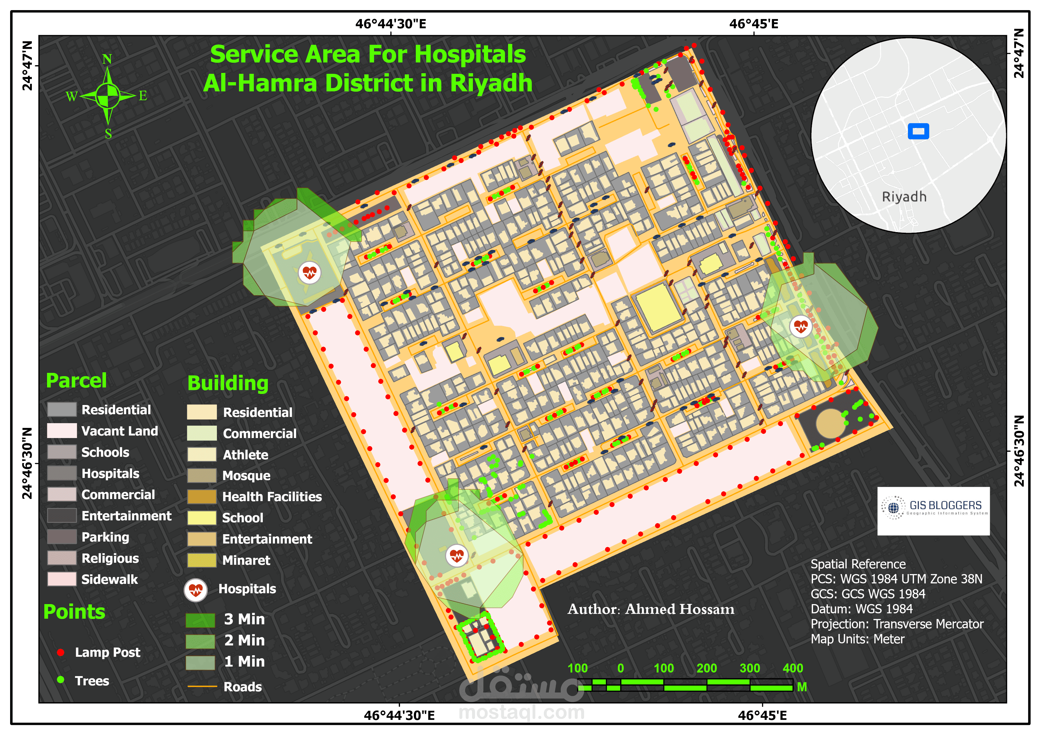 تحليل مناطق خدمة المستشفيات في حي الحمراء بمدينة الرياض باستخدام نظم المعلومات الجغرافية (GIS)