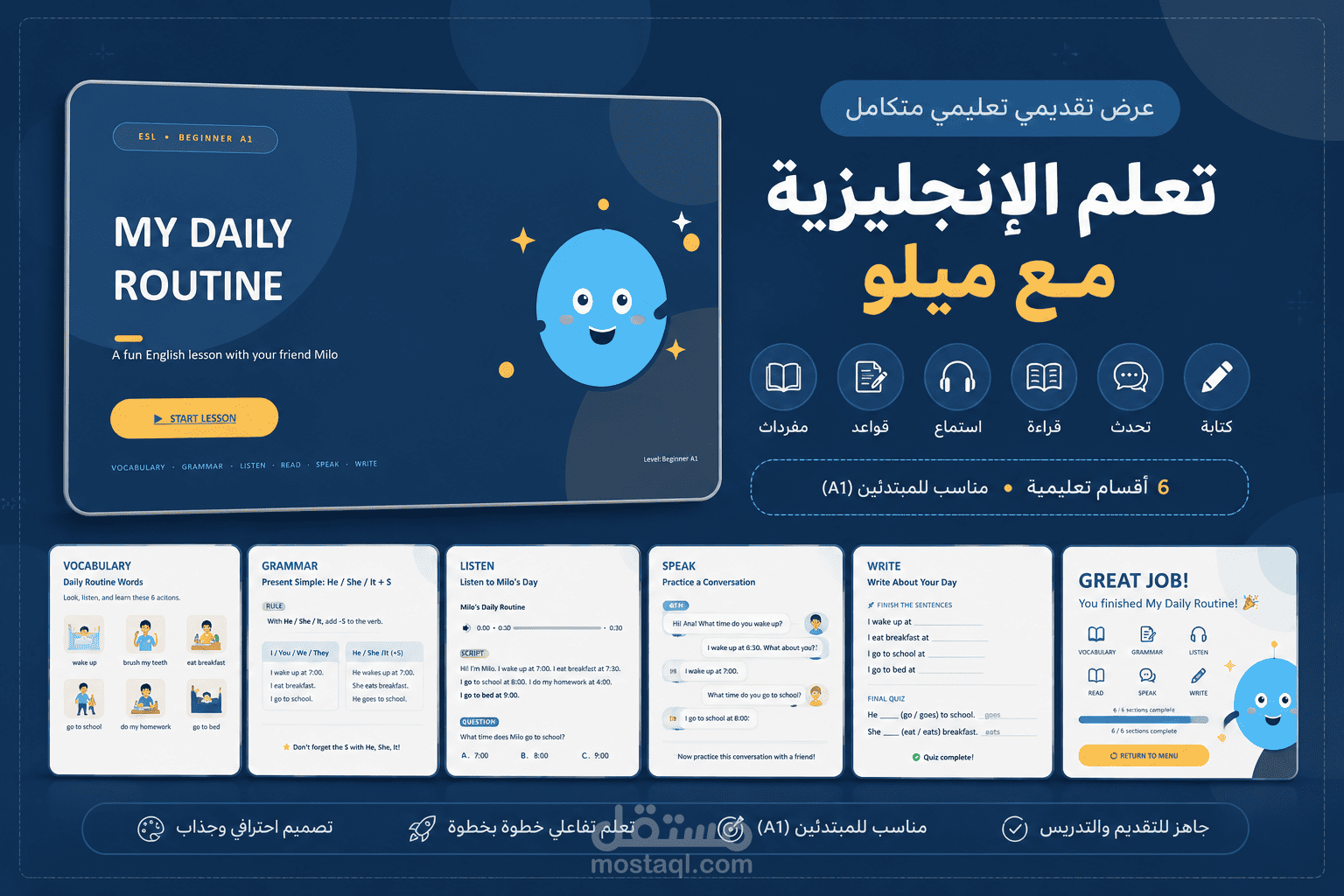 تصميم عرض تعليمي متكامل لمهارات اللغة (استماع، محادثة، قراءة، وكتابة)
