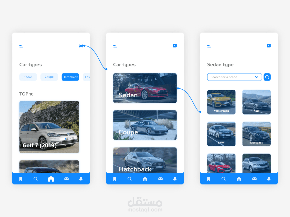 واجهات لتطبيق مراجعات للسيارات UI/UX