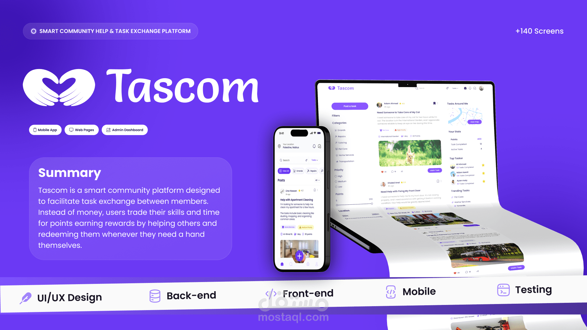 Tascom: نظام تبادل المهارات | تطبيق موبايل، موقع ويب ولوحة تحكم