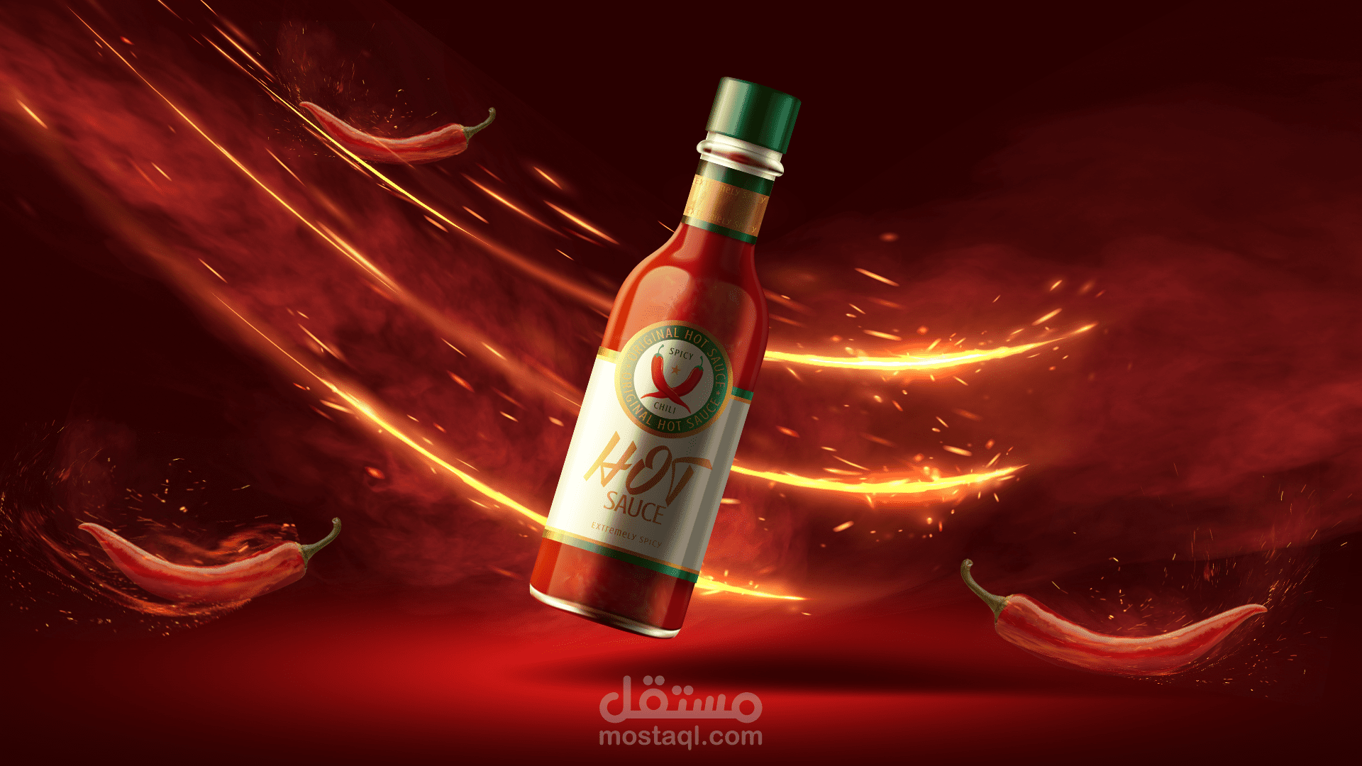 تصميم إعلان منتج غذائي بأسلوب ديناميكي (Hot Sauce Ad)
