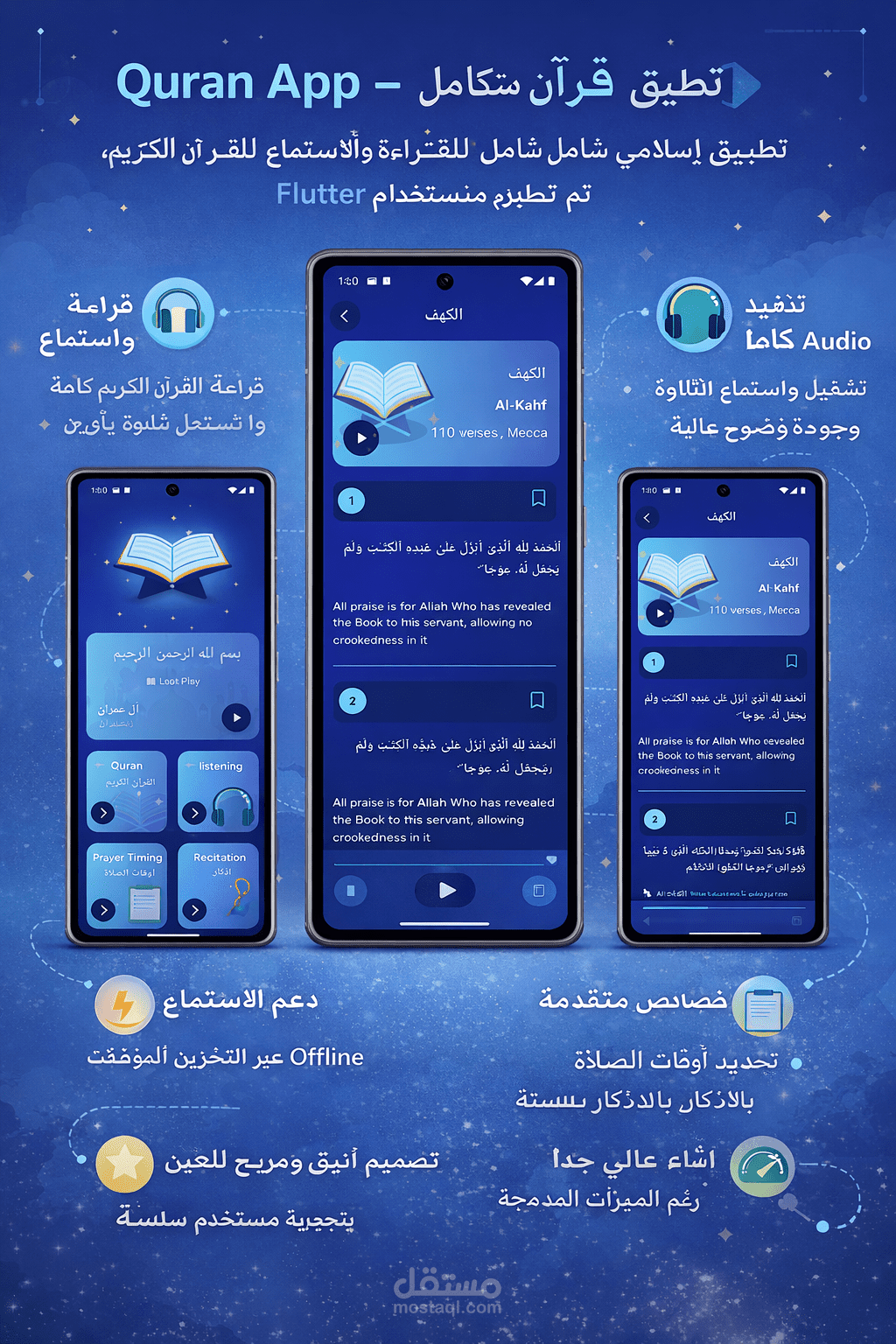 Quran App – تطبيق قرآن متكامل (قراءة + استماع + تصميم احترافي)