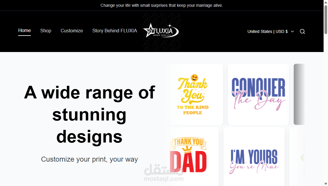 Fluxia Design – Landing Page for Print-on-Demand Store