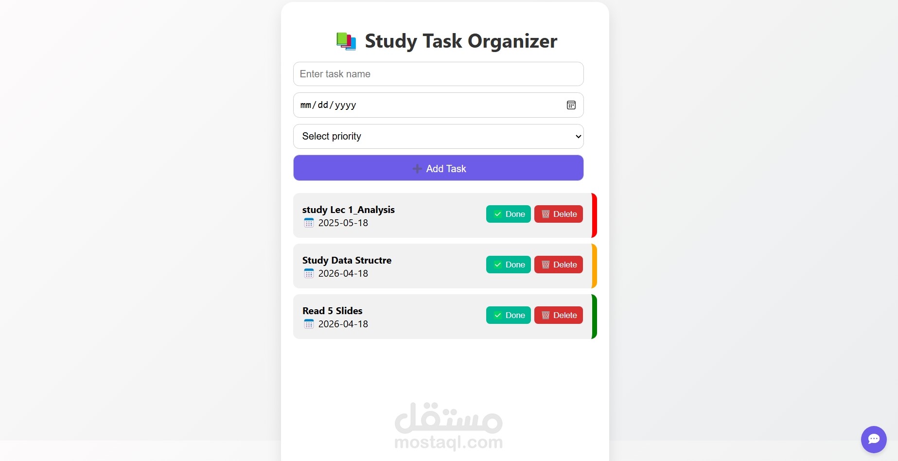 تطبيق ويب تفاعلي لتنظيم المهام الدراسية وإدارة الوقت.