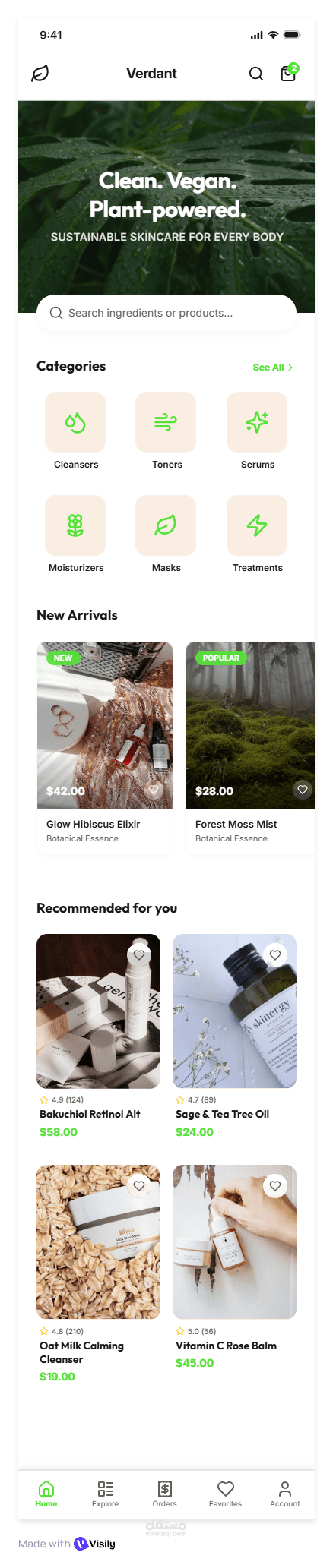 تصميم واجهات تجربة ومستخدم (UI/UX) لتطبيق التجارة الإلكترونية "Verdant" للمنتجات النباتية.