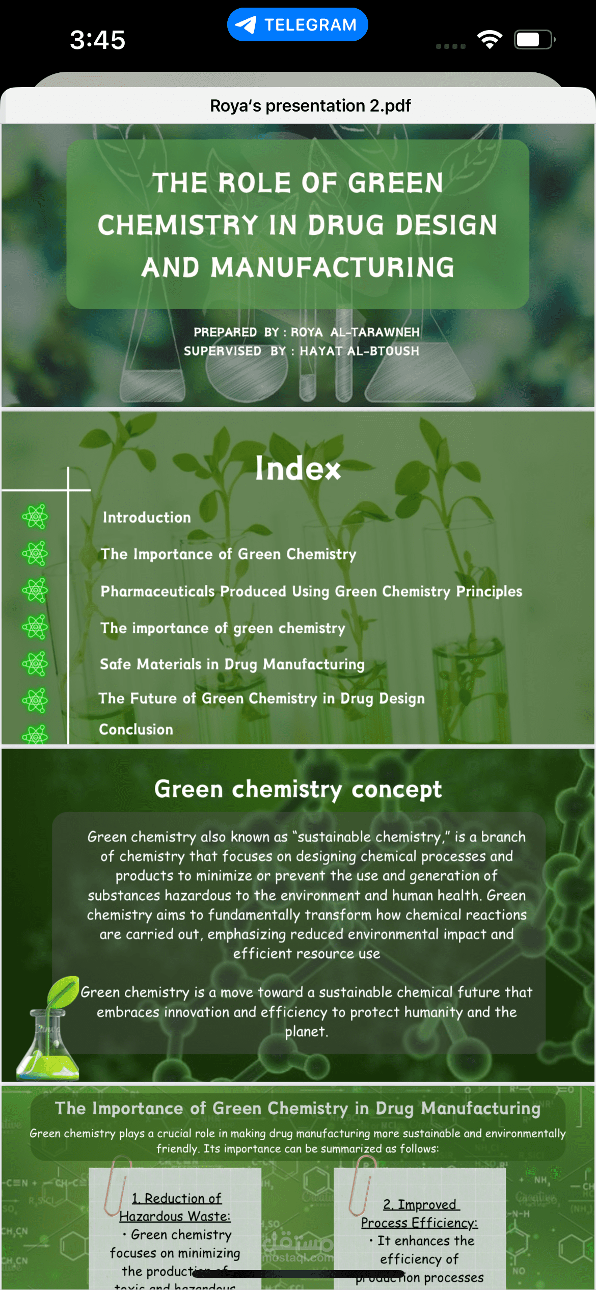 عرض تقديمي بعنوان THE ROLE OF GREEN CHEMISTRY IN DRUG DESIGN AND MANUFACTURING لاحدى طالبات كلية الصيدلة وحصلت على علامه عاليه