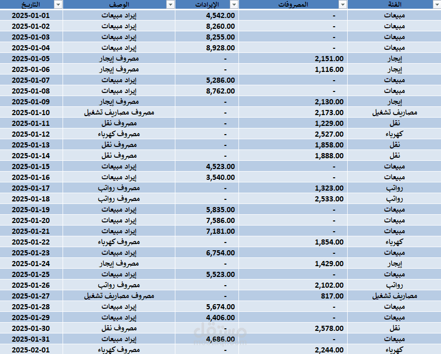 تنظيم البيانات المالية باستخدام اكسل