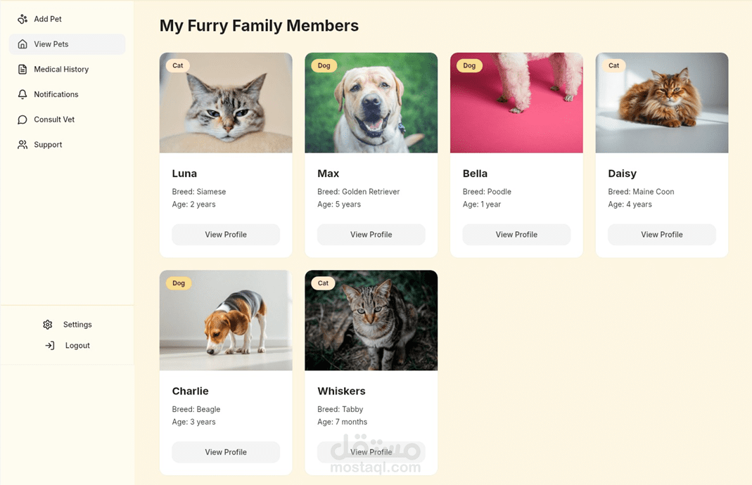 تصميم تجربة وواجهة مستخدم لتطبيق PetCare لإدارة ورعاية الحيوانات الأليفة