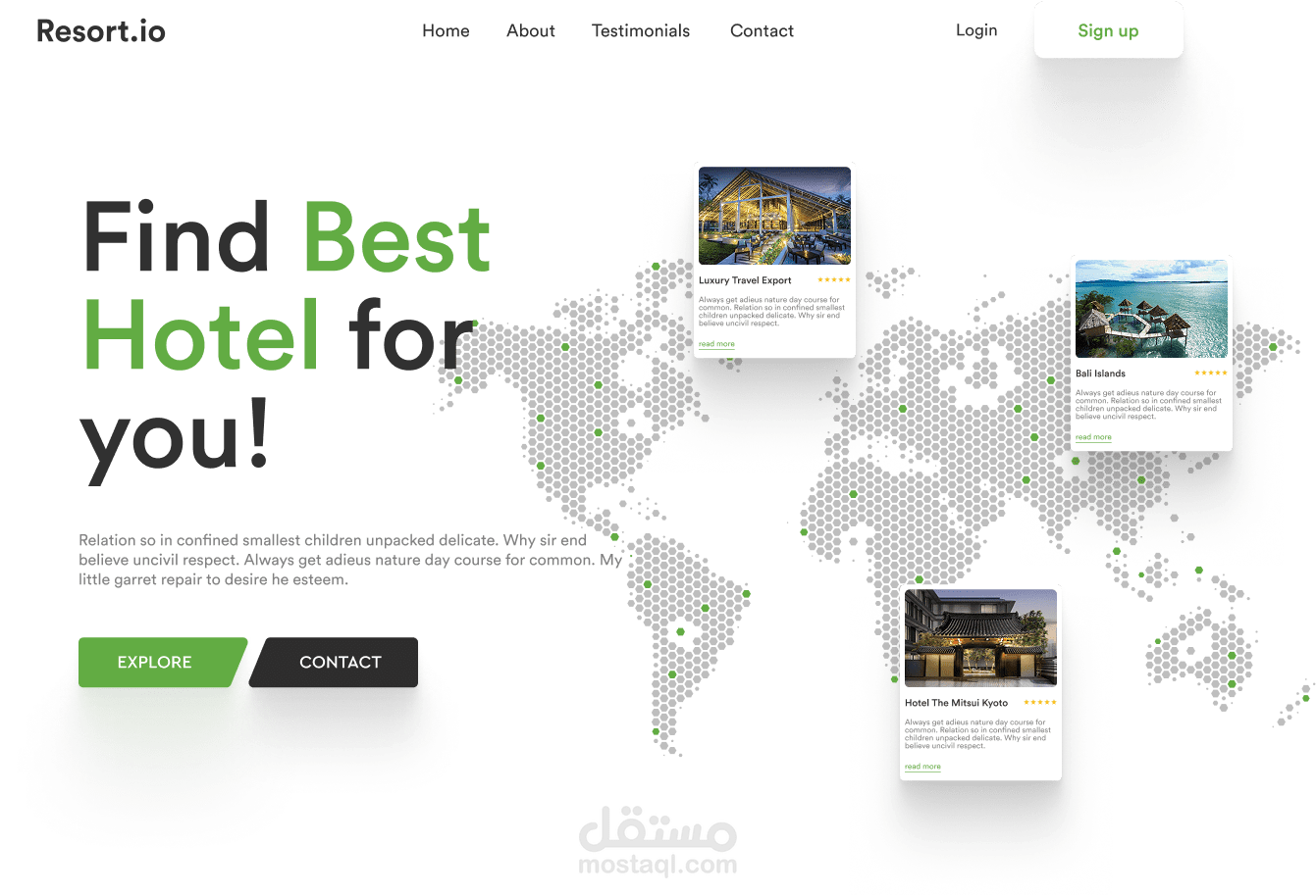 تصميم واجهة هبوط متكاملة لمنصة حجوزات سياحية فاخرة (Resort.io)