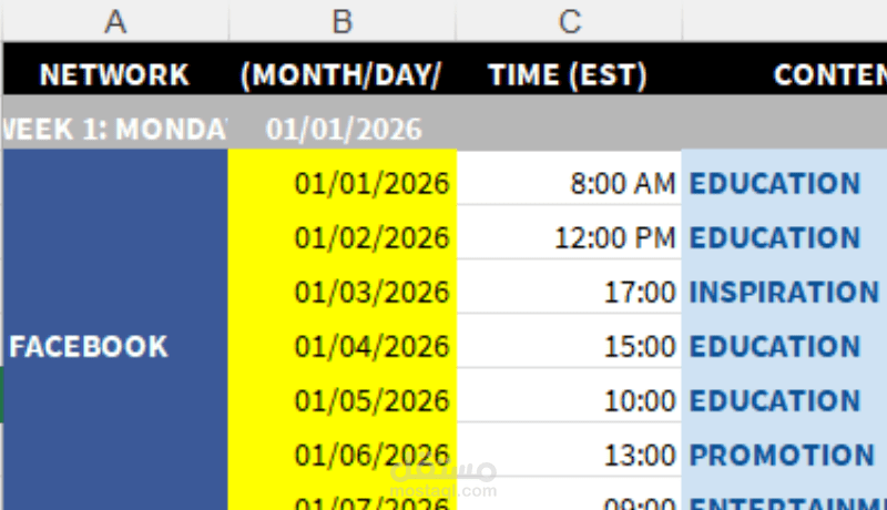 عمل content calendar لمدة اسبوع